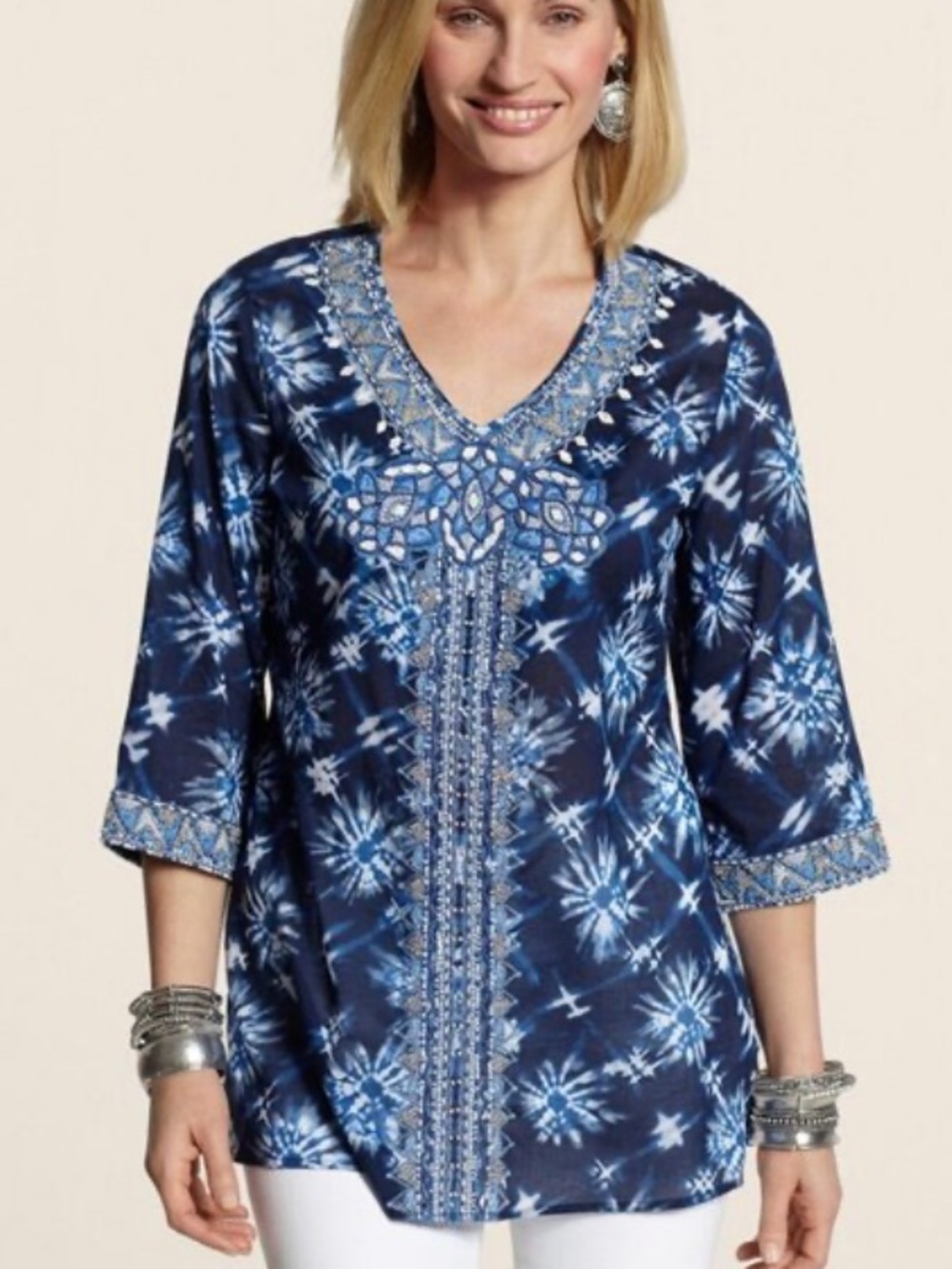 Chico's 30 Unforgettable Years Marvelous Motif Maddie Navy Batik Beaded Tunic 2
